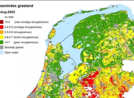 Op de zandgronden hebben veel graslandpercelen nu ernstige droogteschade (afbeelding: groenmonitor.nl)