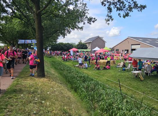 Op de Roze Woensdag van de Nijmeegse Vierdaagse werden er op het erf van melkveehouderij Jan van Casteren boerenproducten uitgedeeld aan de wandelaars