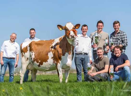 Van links naar rechts: juryleden Dick van Deelen en Hielke van der Gaast, Albert Verduijn en winnaars Sjoerd van der Helm, Peter Honingh en zittend Jacob Wijnker en Lars Kregel (foto: Teus van Herk/Koeienfoto’s.nl)