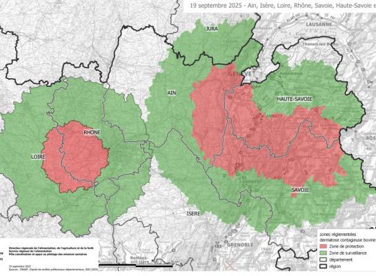 Als gevolg van de nieuwe LSD-besmetting is het beperkingsgebied in Frankrijk uitgebreid naar de Rhône-regio