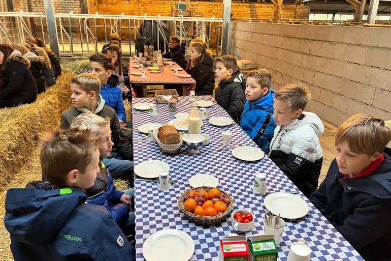 Gedekte tafels met boterhammen en melkproducten veranderden de voergang in een plek waar de kinderen samen gezellig tussen de koeien de dag konden beginnen
