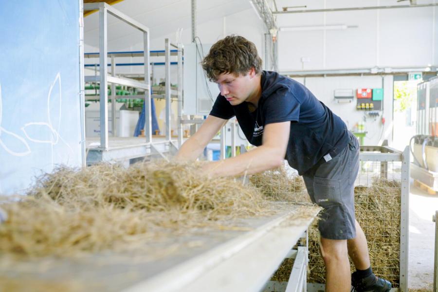 De onderzoekers leggen het losse gras op een lopende band. Een machine met een camera detecteert afval en zorgt voor een opening  in de lopende band, waardoor het afval er automatisch tussenuit valt. 