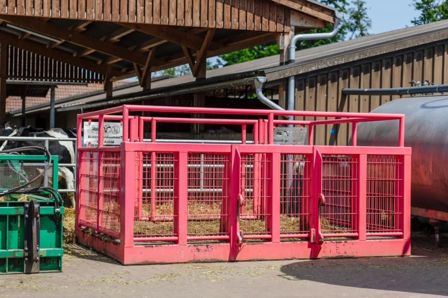 De veehouders ontwierpen zelf een veetransportbox voor de verreiker. Hiermee kunnen dieren binnen het bedrijf eenvoudig worden verplaatst.