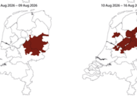 Resultaten van de tankmelkanalyse in de periode 3 tot en met 16 augustus 2026. Clusters met een significante daling in melkproductie zijn weergegeven in rood (bron: GD)