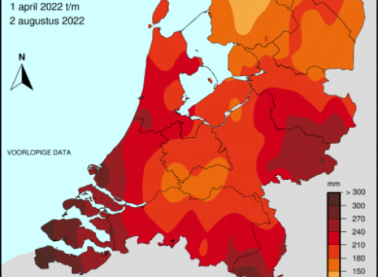 Het neerslagtekort per 2 augustus 2022 (bron KNMI)