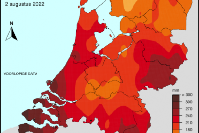 Het neerslagtekort per 2 augustus 2022 (bron KNMI)