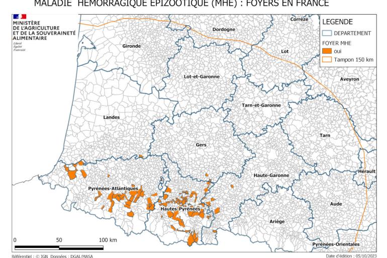 De bufferzone (oranje lijn) loopt al tot aan Bordeaux. Alle oranje stukjes zijn met EHD besmette bedrijven, bron: Franse Ministerie van Landbouw en Voedseloevereiniteit