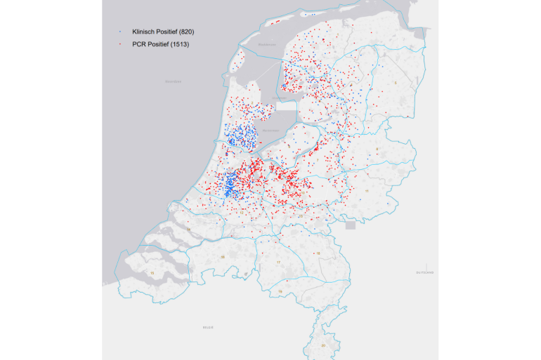 Elk bolletje staat voor een met blauwtong besmet bedrijf op 19-10-2023 (bron: NVWA)