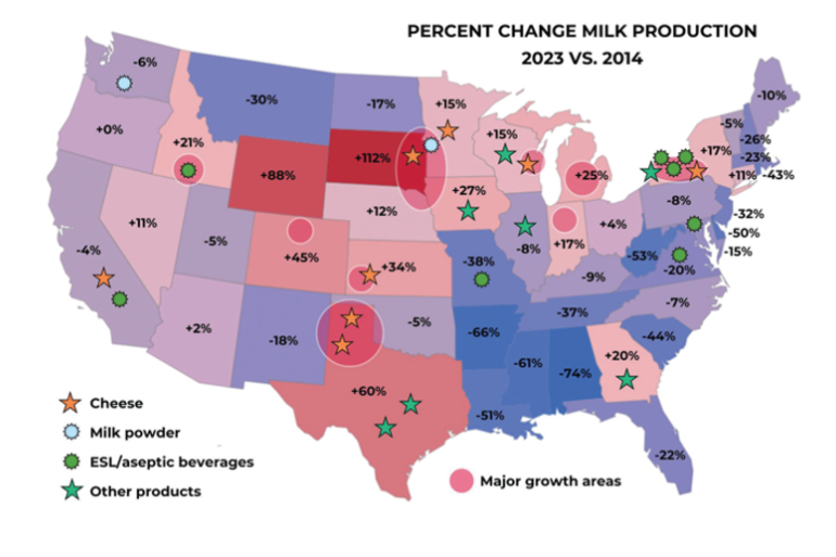 Verandering van de melkproductie in procenten per staat (bron Hoards Dairyman)