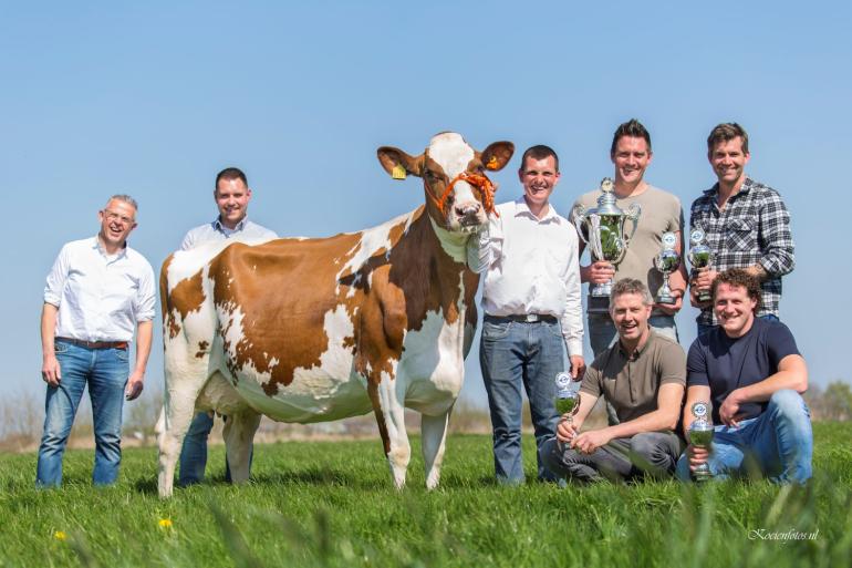 Van links naar rechts: juryleden Dick van Deelen en Hielke van der Gaast, Albert Verduijn en winnaars Sjoerd van der Helm, Peter Honingh en zittend Jacob Wijnker en Lars Kregel (foto: Teus van Herk/Koeienfoto’s.nl)