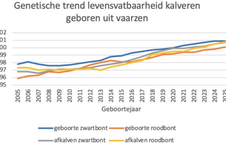 Figuur 2 – Genetische trends voor levensvatbaarheid bij geboorte en bij afkalven van rood- en zwartbonte holsteinvaarzen (bron: AEU, CRV)