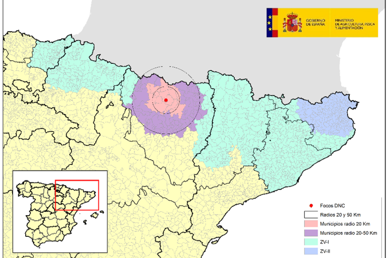 LSD in Spanje, mintblauw is vaccinatiezone 1, blauw is vaccinatiezone 2, paars en roze zijn de beperkingszones en rood is de haard van de besmettingen (bron: Spaanse ministerie van Landbouw, Visserij en Voedsel)