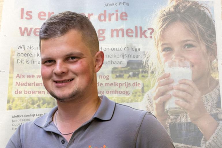 Met een advertentie in landelijke dagbladen vragen bedrijfsleider Jan de Groot en de eigenaren van melkveebedrijf Lage Bijssel aandacht voor de in hun ogen structurele onderbetaling van melkveehouders