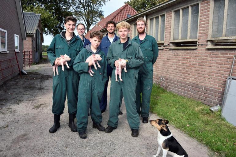 De studenten op het varkensbedrijf bij de familie Van 't Klooster (foto Lenus van der Broek)