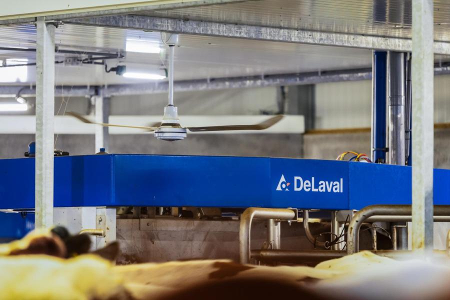 Boven iedere robot hangt een propeller. Deze zorgt voor luchtverversing en ‘blaast’ vliegen van de koeien