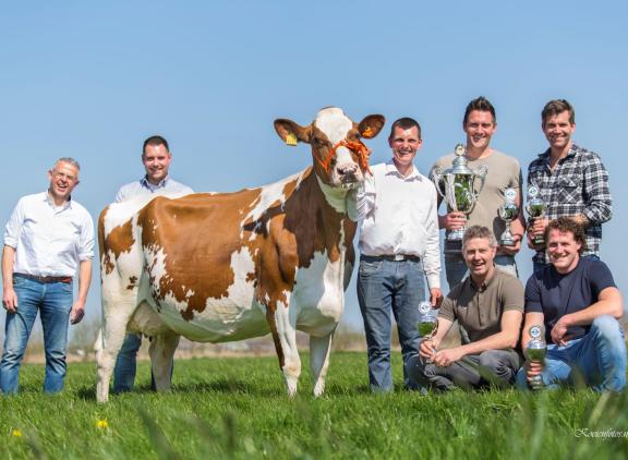Van links naar rechts: juryleden Dick van Deelen en Hielke van der Gaast, Albert Verduijn en winnaars Sjoerd van der Helm, Peter Honingh en zittend Jacob Wijnker en Lars Kregel (foto: Teus van Herk/Koeienfoto’s.nl)